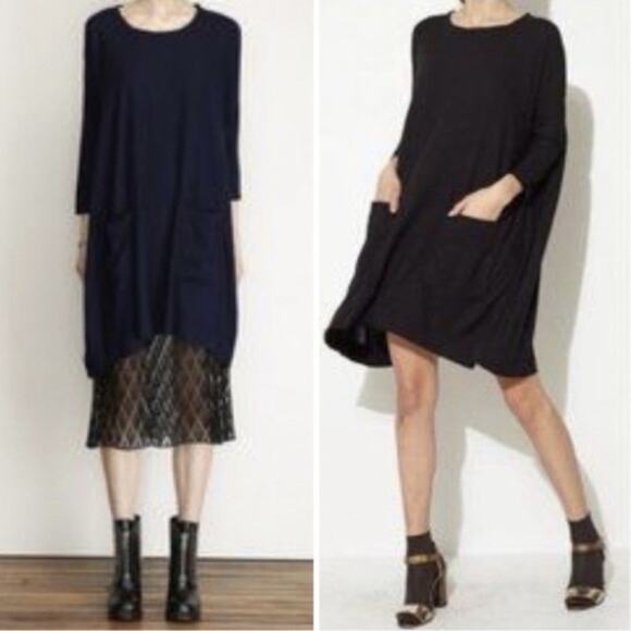 Raquel Allegra Dresses & Skirts - Raquel Allegra Black Raw Edge Crepe Tunic Dress Front Pockets Lagenlook XS